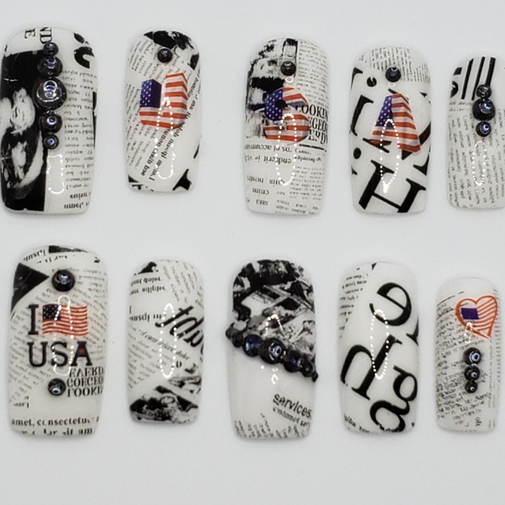Long Square press on nails " American Newspaper"